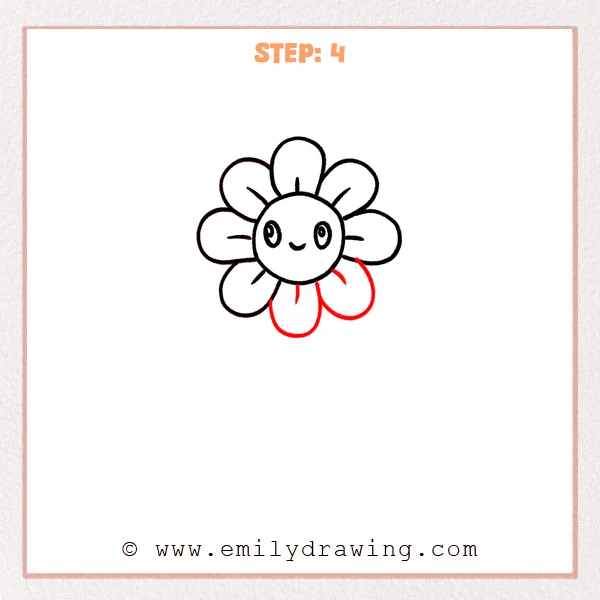 how to draw a cartoon flowers - Step 4 of how to draw cartoon flowers—Two bottom petals are sketched in to complete the daisy-like shape, with matching inner curved lines for simple detail.